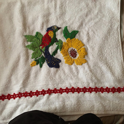 Picture of towel with a hand stitched parrot.